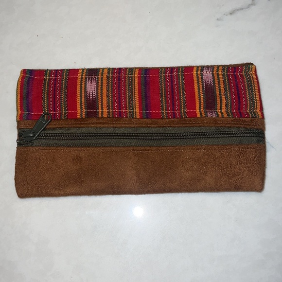 Brown Suede & Multicolor Caribbean Zip Up Clutch Pouch 9x5” Colorful Stripe - Picture 3 of 4